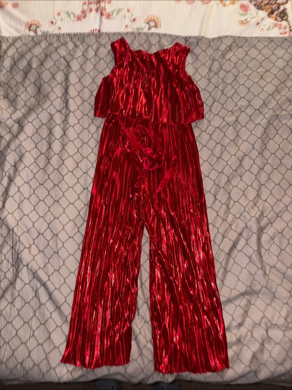 Kensie Metallic Red Pleated Cold-Shoulder Jumpsuit